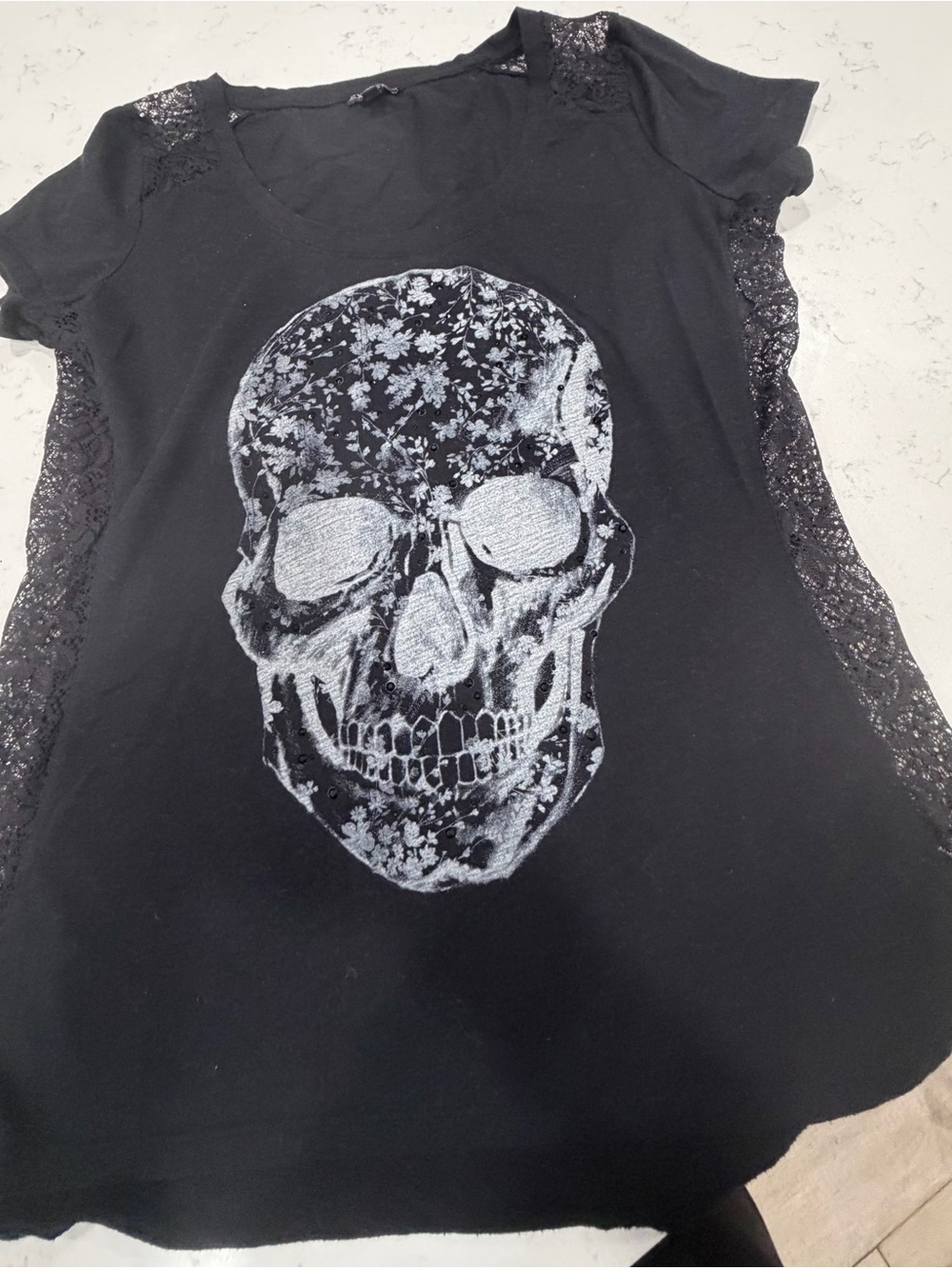 Express Black Tee with Floral Skull Graphic